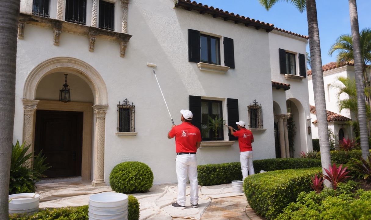 Historic stucco exterior painting on a Coral Gables home