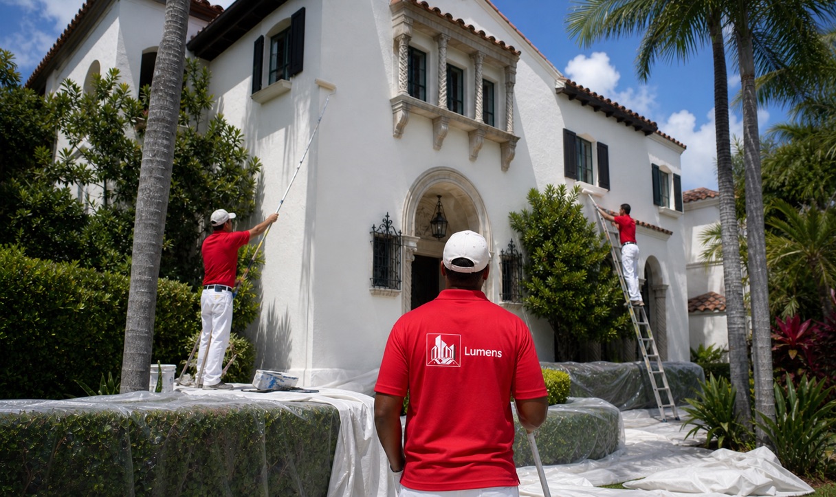 Exterior painting of a Pinecrest estate by Lumens professionals
