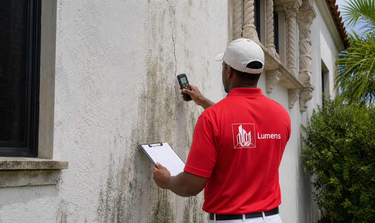 Pinecrest stucco mildew and moisture inspection before exterior painting