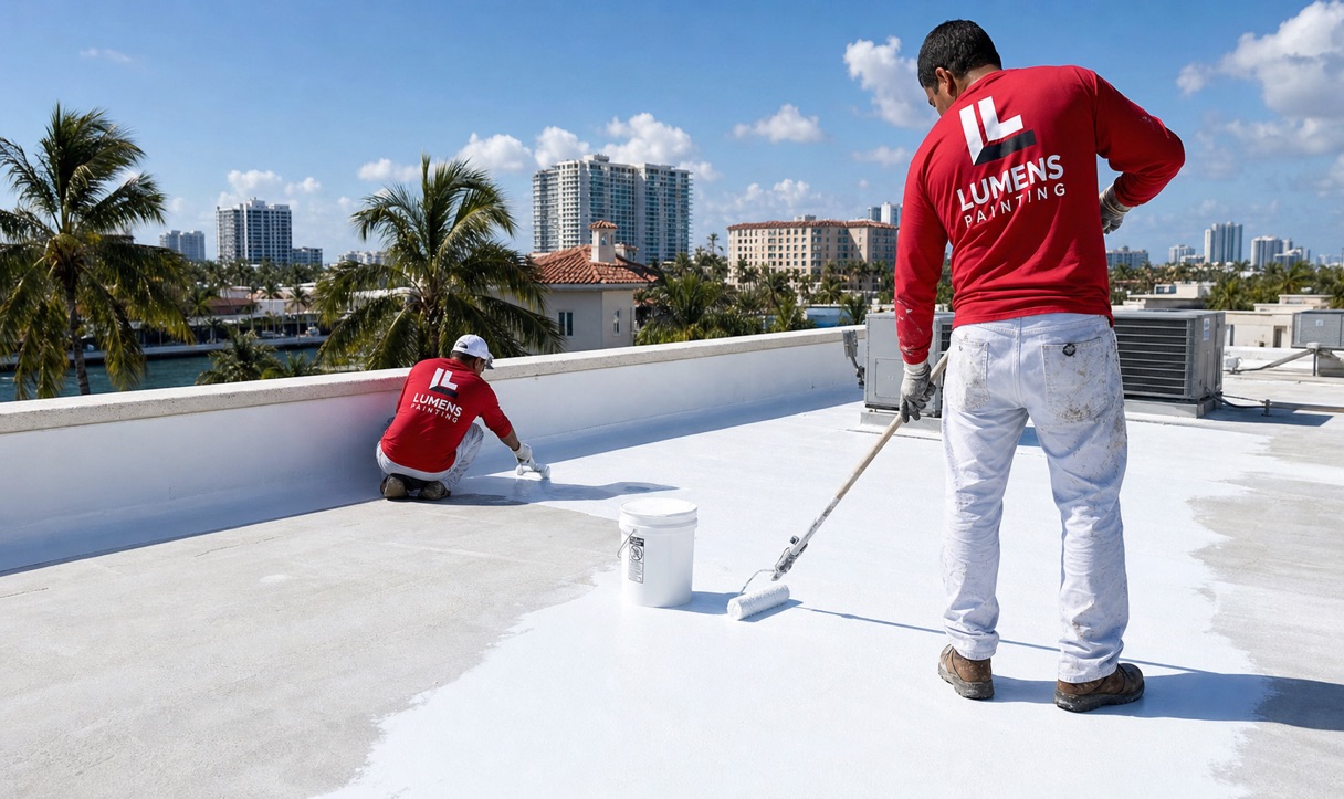 Reflective roof coating application before hurricane season in Miami