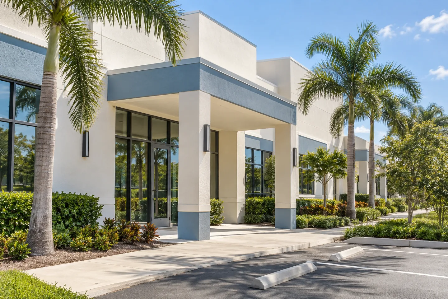 Commercial exterior painting finished low rise facade in Miami-Dade — AI-generated illustration