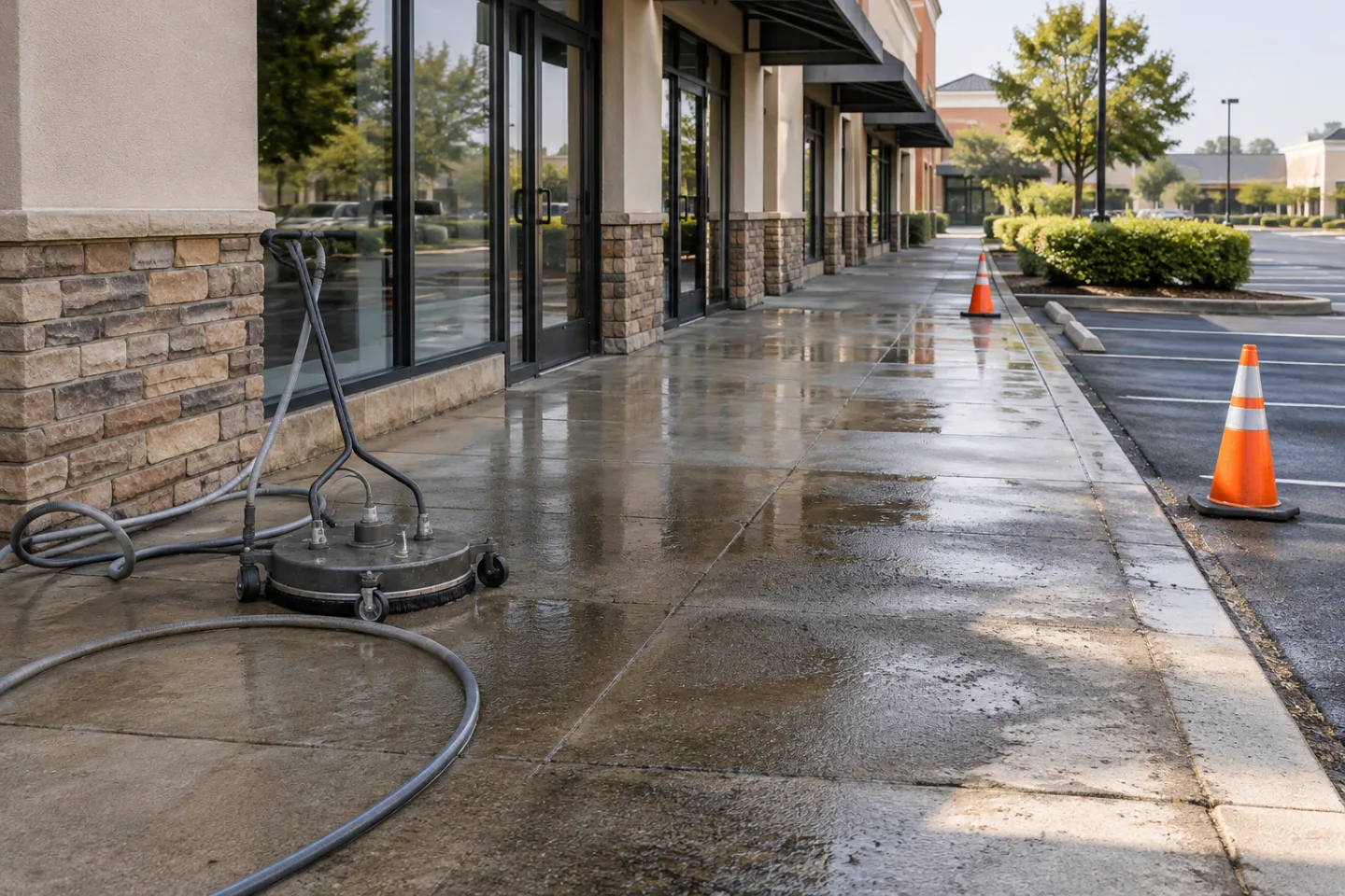 Commercial pressure washing storefront cleaning plan in Miami-Dade — AI-generated illustration