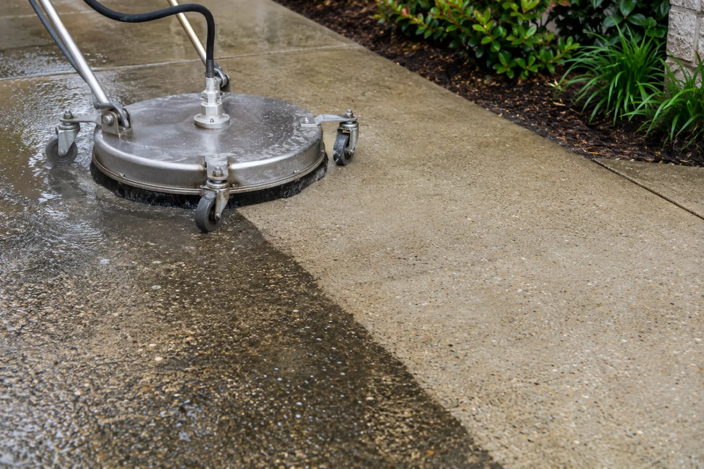 Commercial pressure washing walkway cleaning detail in Miami-Dade — AI-generated illustration
