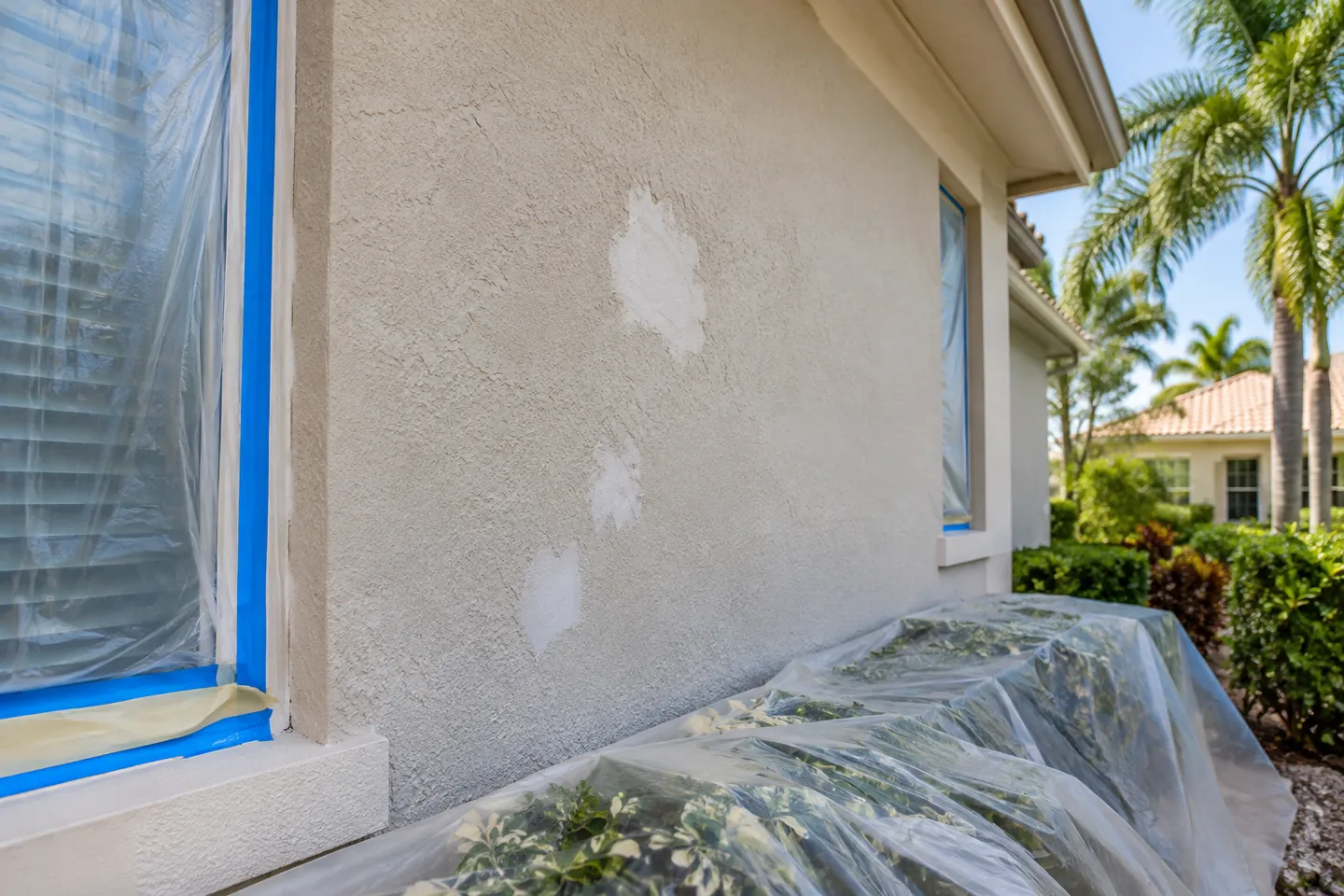 Exterior painting stucco preparation detail in Miami-Dade — AI-generated illustration