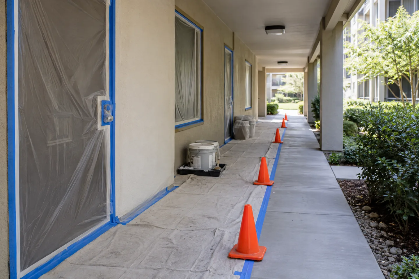 HOA and condo painting community walkway preparation in Miami-Dade — AI-generated illustration
