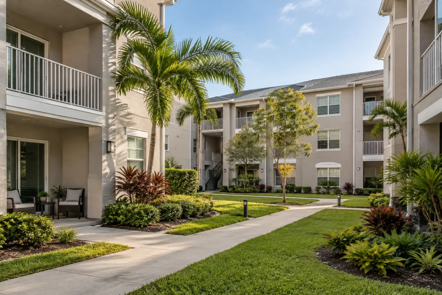 HOA and condo painting finished condo courtyard in Miami-Dade — AI-generated illustration