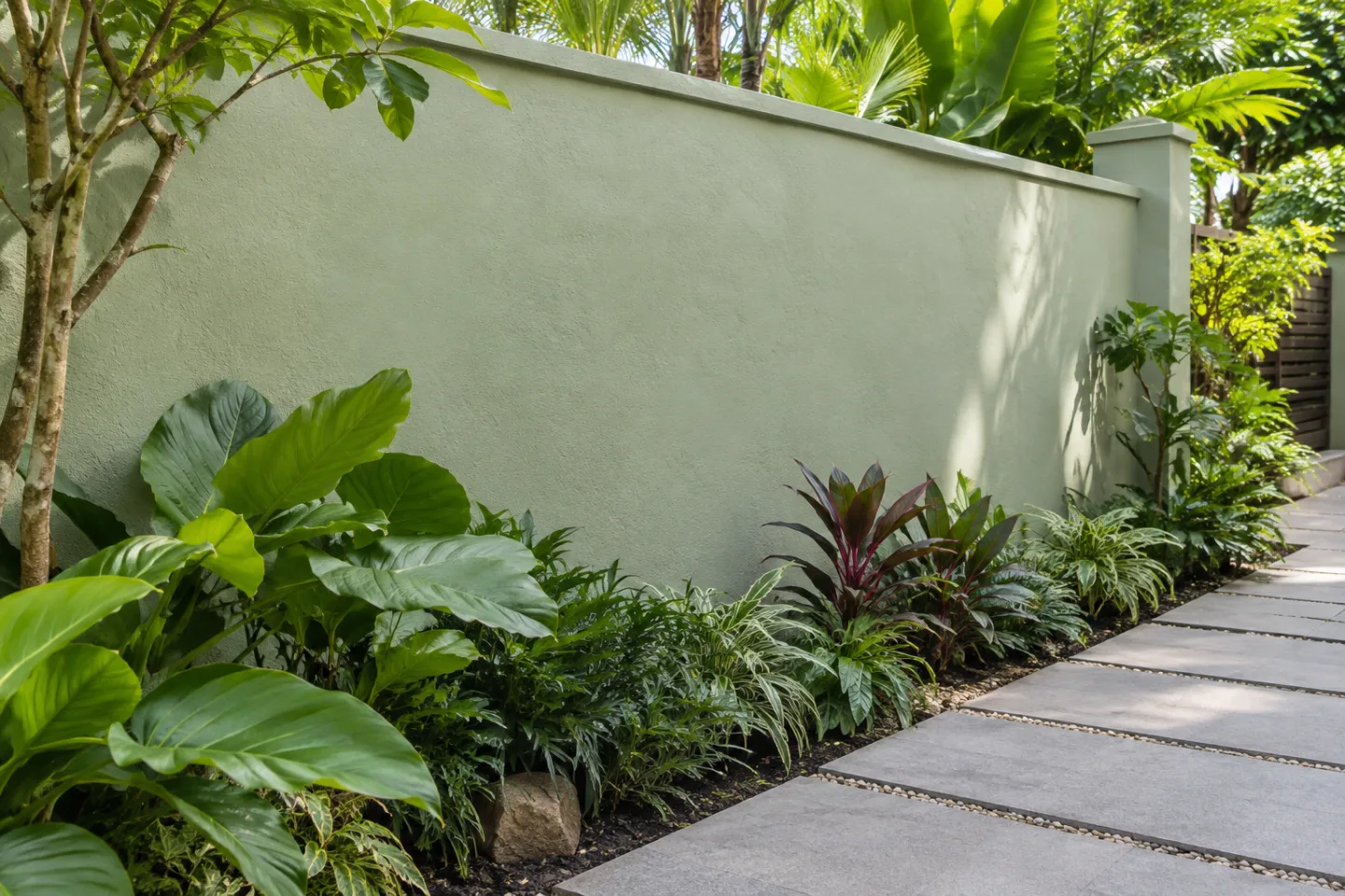 Soft washing clean painted garden wall in Miami-Dade — AI-generated illustration