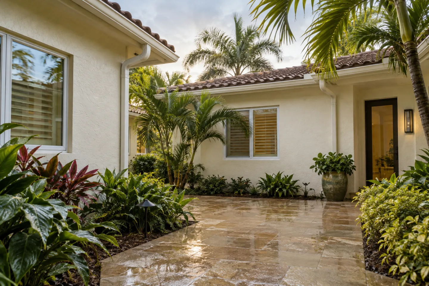Stucco waterproofing finished stucco courtyard in Miami-Dade — AI-generated illustration